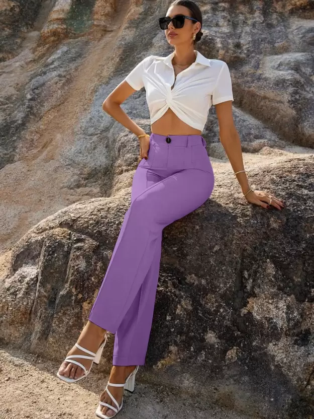 Women Regular Fit Purple Cotton Blend Trousers – Royals Crown